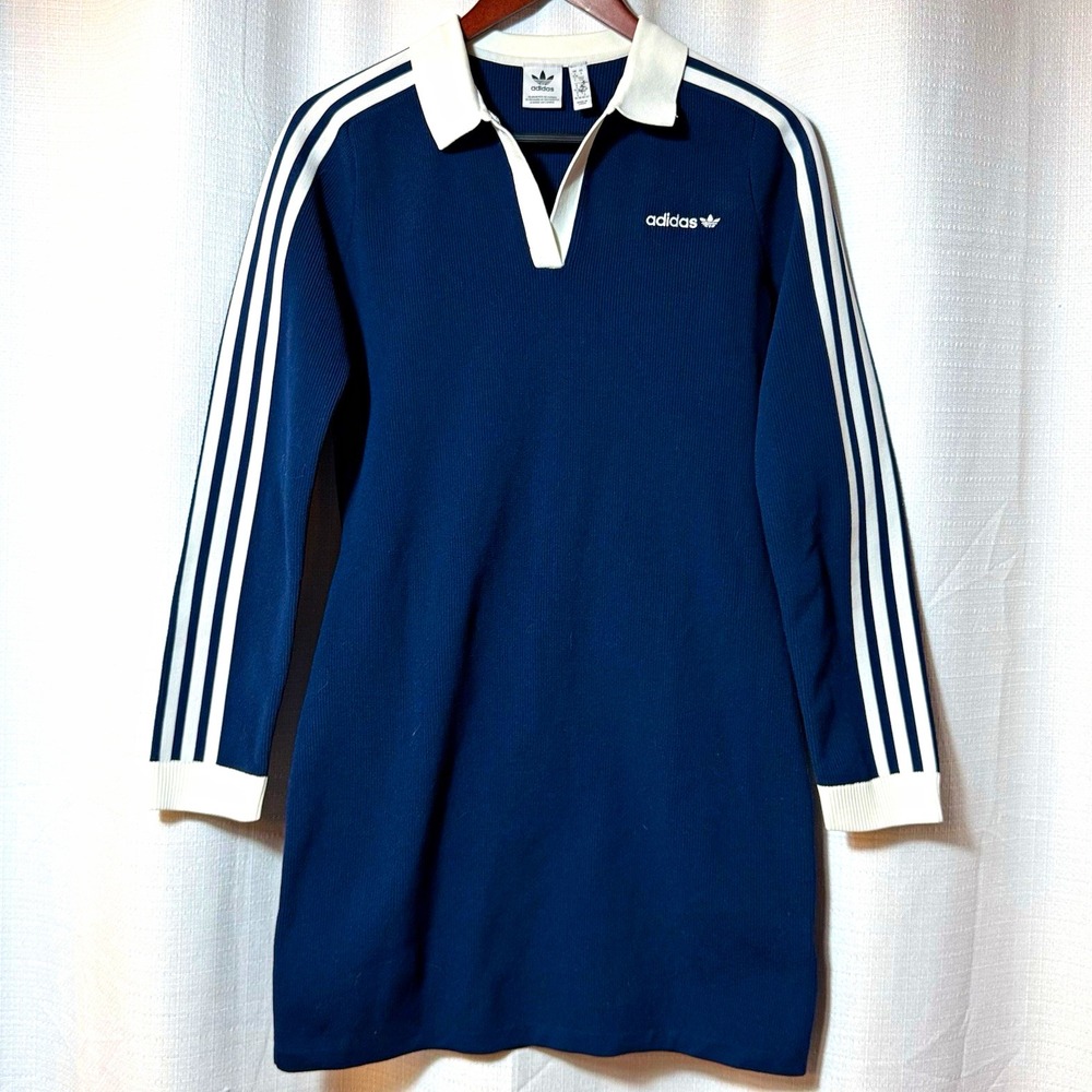 Adidas Originals Ribbed Knit Polo Mini Dress Small Blue 3-Stripes Retro Tennis